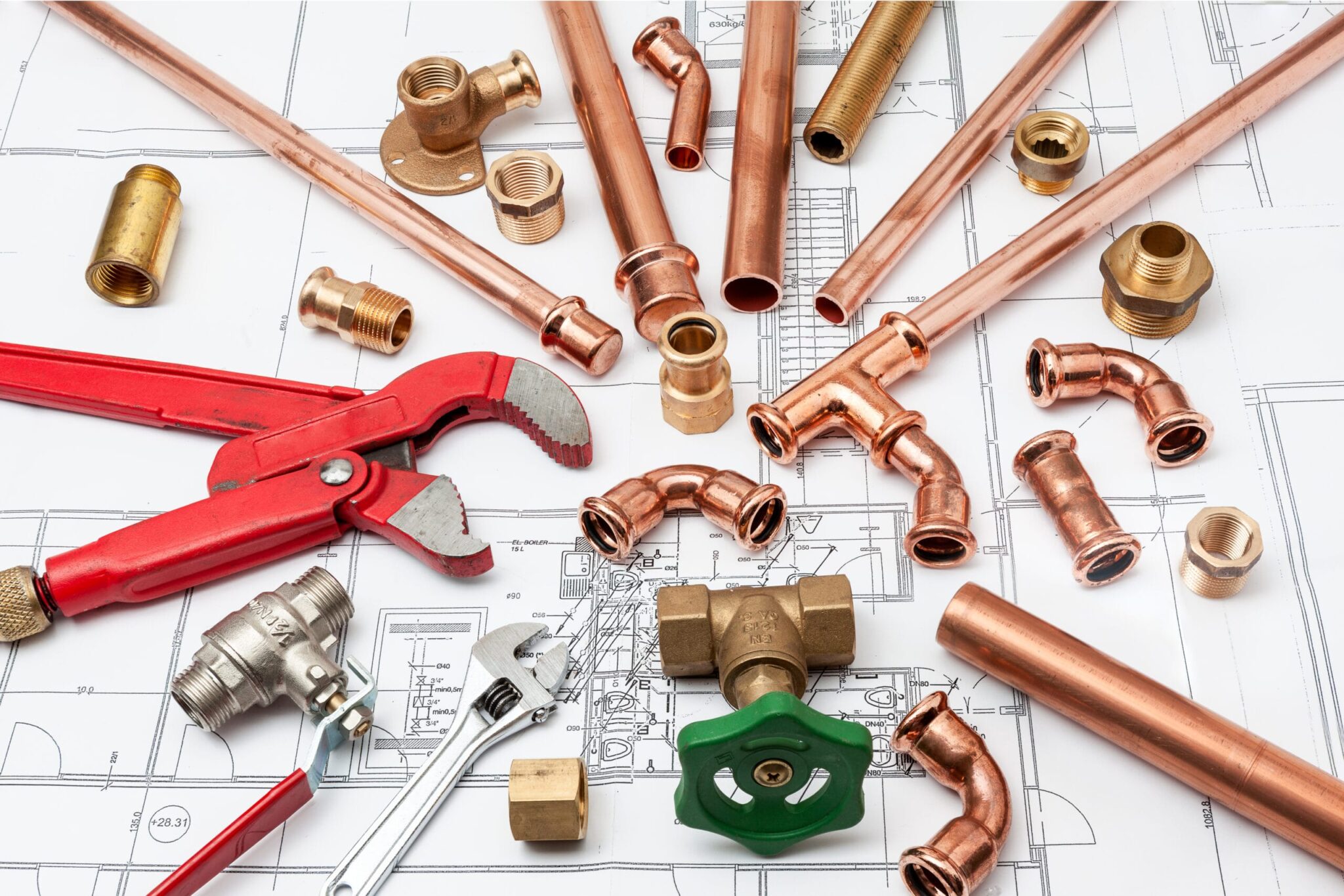 Copper pipes, fittings, valves, and plumbing tools in Riverview
