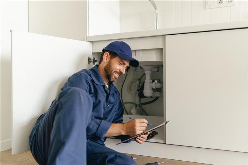 Residential plumber reviewing plumbing repairs in a Riverview kitchen
